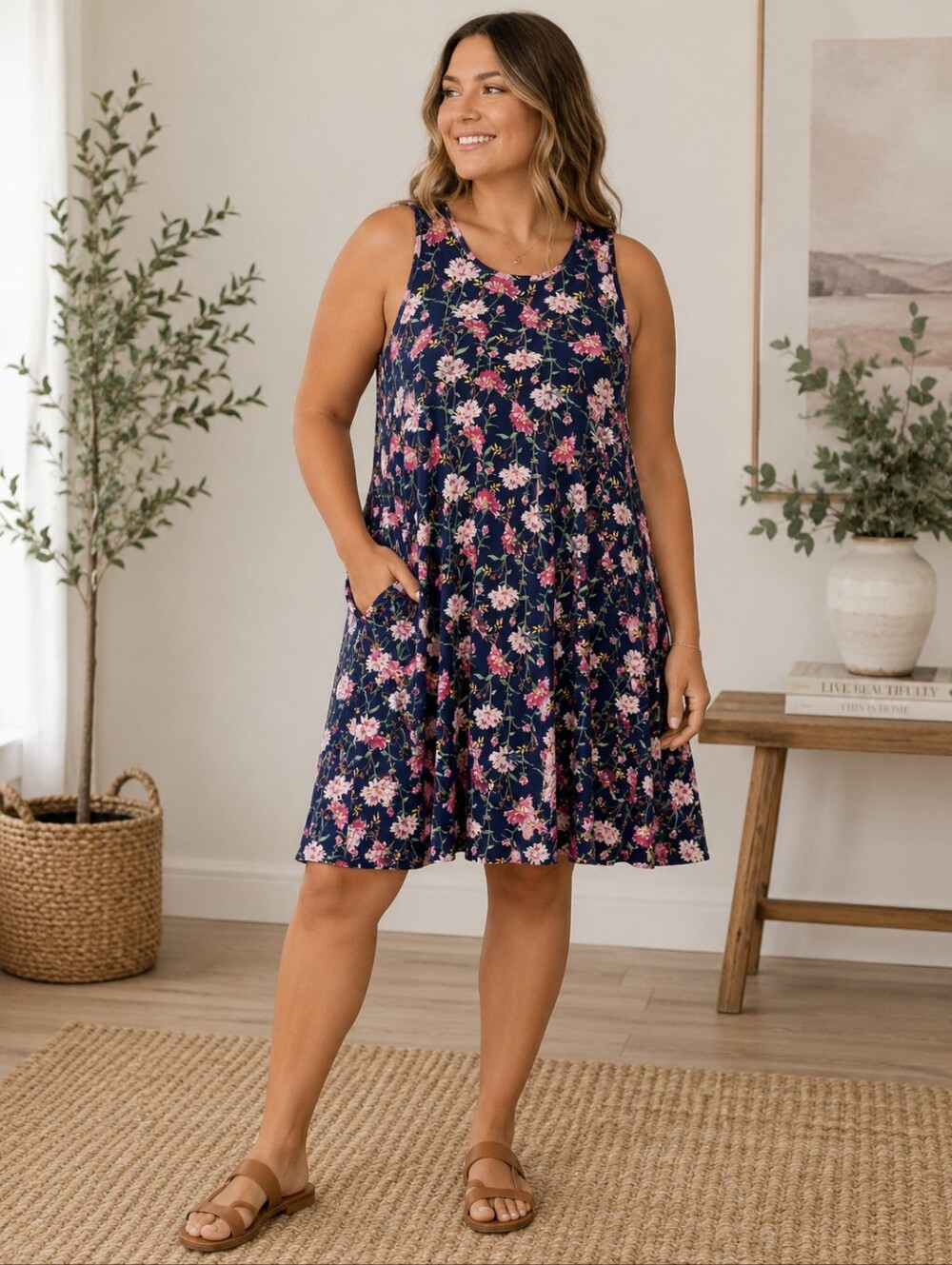 Old Navy Blue Floral Sleeveless Summer Sheath Dress Women's XL Flowy Spring EUC